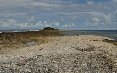 The western end of Fongafale Island, Funafuti Atoll, Tuvalu. Pacific Ocean on the left, lagoon on the right. Next island in the distance.