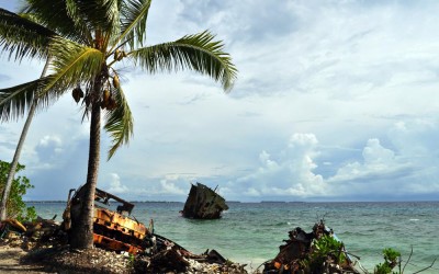 Wrecks old and new - shipwreck in the lagoon (apparently from a storm back in the 1970s) and more recently rusted out old truck, Funafuti Atoll, Tuvalu
