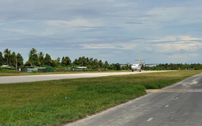 The Air Pacific ATR42 from Suva arriving at Funafuti International Airport, Tuvalu