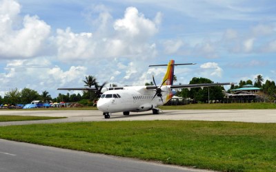 The Air Pacific ATR42 from Suva arriving at Funafuti International Airport, Tuvalu