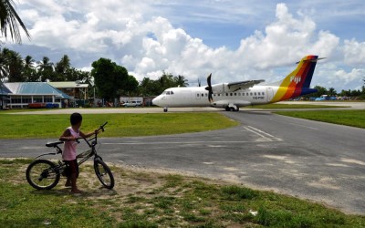 The Air Pacific ATR42 from Suva arriving at Funafuti International Airport, Tuvalu