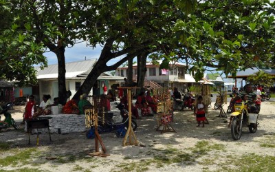 Craft market springs up outside Funafuti International Airport, Tuvalu, on flight days.