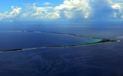 Fongafale Island and Funafuti Atoll from the departing plane. Last glimpse of Tuvalu before setting south towards Suva