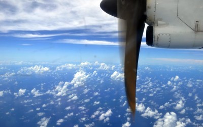 Flying north over to ocean, destination Tuvalu