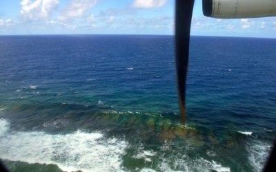 Over the breakers on the reef, about to land in Funafuti Atoll