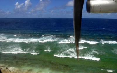 Over the breakers on the reef, about to land in Funafuti Atoll