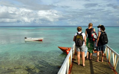 Getting into our boat for the ride out to Funafala, Funafuti Atoll, Tuvalu